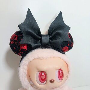 Custom Made Disney Style Ears Labubu Metallic Blood Splatter With Bat Bow